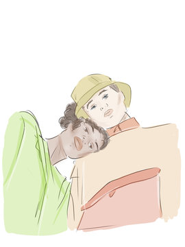 Couple in love Afroamerican girl with a European guy. embrace. illustration