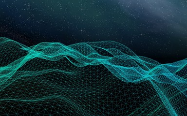 Abstract landscape on a dark background. Cyberspace grid. hi tech network. Outer space. Starry outer space texture. 3D illustration