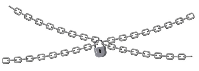 Padlock and chains isolated on white background. Concept of protection of information, property, inaccessibility