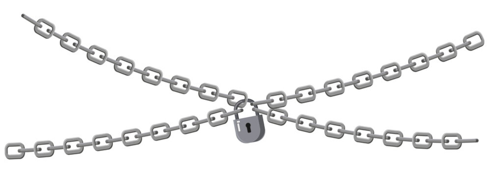 Padlock and chains isolated on white background. Concept of protection of information, property, inaccessibility