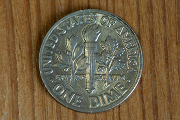us coin one dime macro on wood