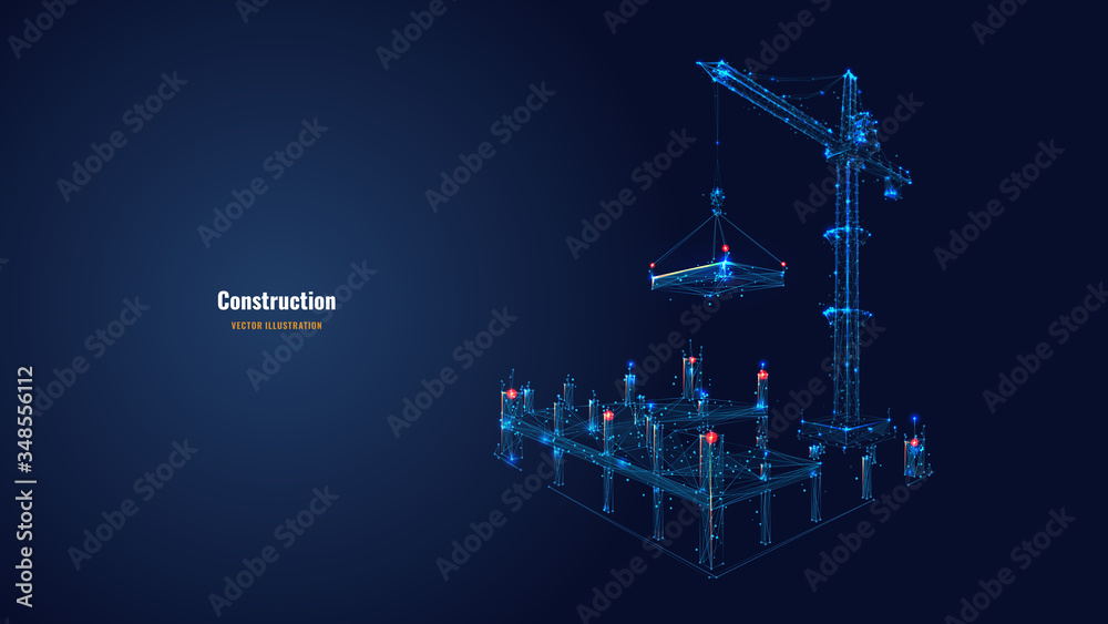 Poster building work process with construction equipment in dark blue background. high tower crane holding 