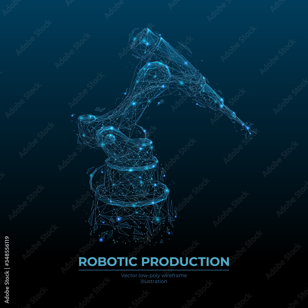 Aufkleber Abstract robotic tool. Low poly wireframe looks like constellation. Digital vector illustration with blue particles. Industrial technology concept.