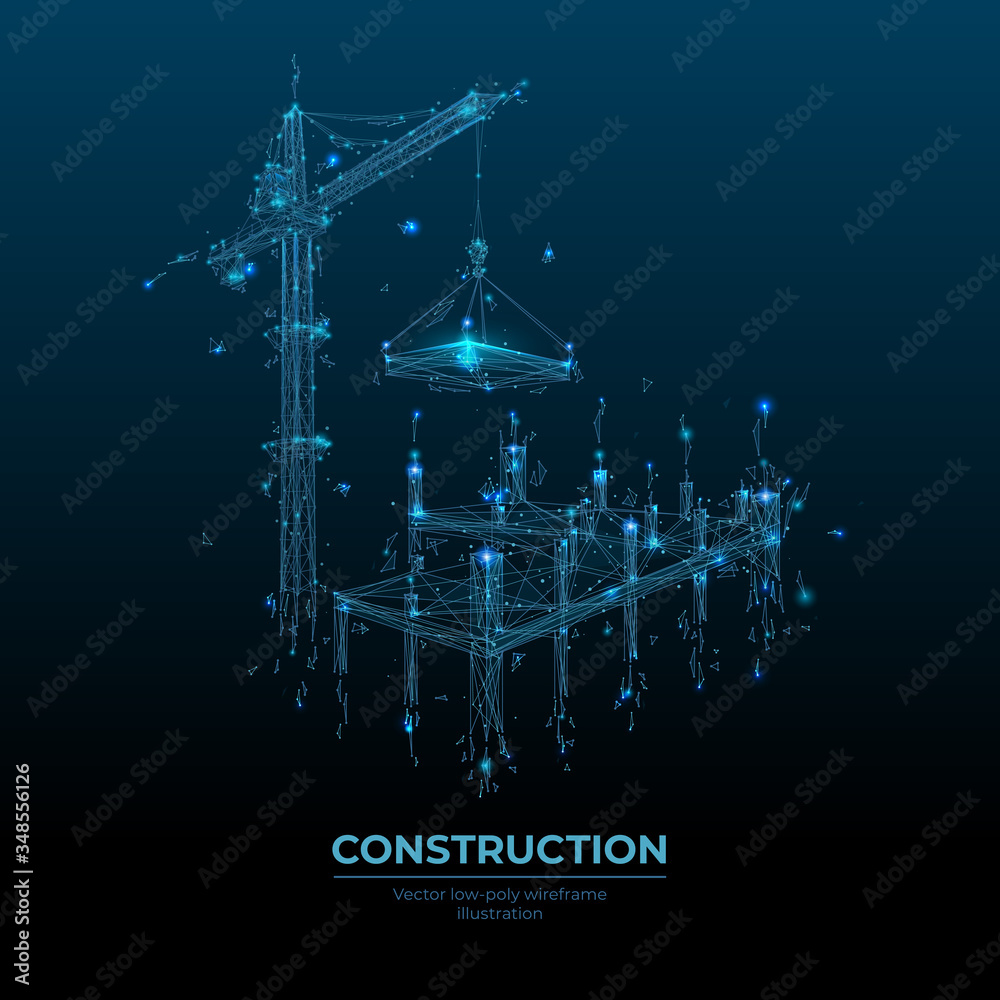 Poster abstract building process with construction equipment in dark blue background. tower crane holding s