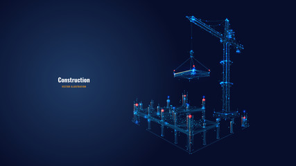 Building work process with construction equipment in dark blue background. High tower crane holding slab. Building construction concept. Abstract vector illustration. Low poly wireframe