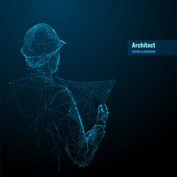 Engineer or architect in hard hat holding a blueprint. Abstract digital vector illustration in dark blue background. Polygonal wireframe with lines and dots. Construction concept.
