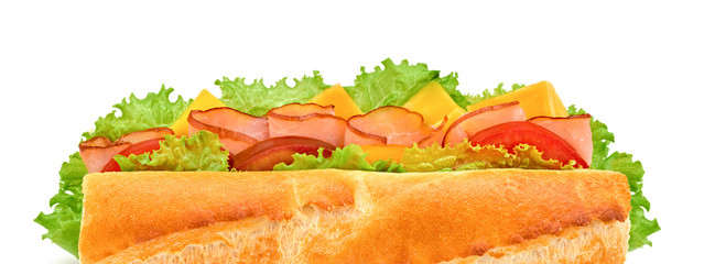 Submarine sandwich with ham, cheese, tomato, lettuce salad isolated on white. Homemade baguette ham sandwich with vegetables. Large sub tomato sandwich closeup, banner