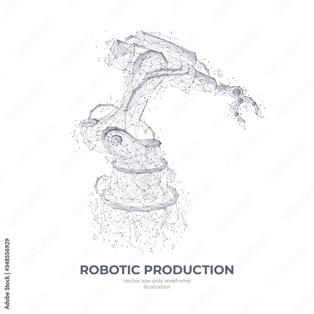 Aufkleber Isolated robotic arm in white background. Industrial technology concept. Abstract polygonal wireframe with lines and dots. Vector sketch drawing. 3d illustration.