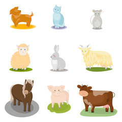 Obraz premium Cute cartoon set with farm animals, a dog, a cat, a mouse, a sheep, a rabbit, a goat, a horse, a pig, a cow. Vector hand drawn illustration.
