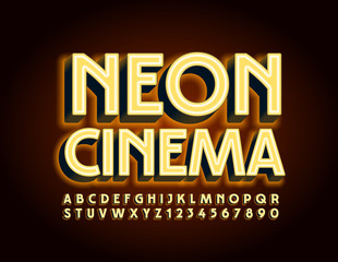 Vector yellow light sign Neon Cinema. Bright glowing Font. Elegant Alphabet Letters and Numbers