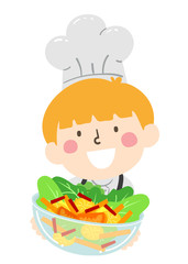 Kid Boy Chef Present Salad Bowl Illustration