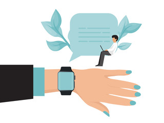 Man hand hold smartwatch, online chat modern technology communication isolated on white, flat vector illustration. Male person sitting laptop on chatbox. Constant presence social network.