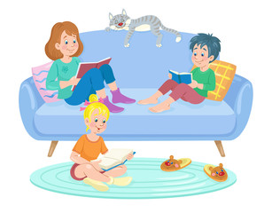 A young woman, a funny boy and a cute girl are sitting and reading books. In cartoon style. Isolated on white background. Vector flat illustration.