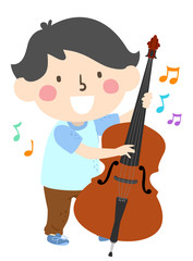 Kid Boy Play Upright Bass Music Notes Illustration