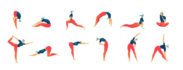 Stretching exercises people set of isolated vector illustration, man and woman on chair workout and fitness. People doing chair yoga exercises working pose, healthy body lifestyle.