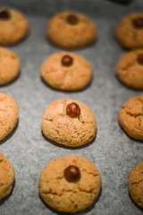 Hazelnut cookies on baking sheet close up