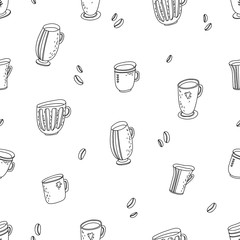 doodle cups, mugs seamless pattern on white
