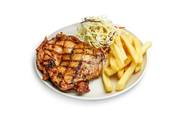 Grilled chicken, Chicken Steak with french fries and Vegetable salad of Asia on white background