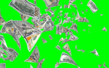 Flying dollars banknotes isolated on chromakey. Money is flying in the air. 100 US banknotes new sample. 3D illustration
