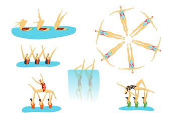 Woman athletes synchronised swimming in group, swimmers girls sport set of isolated flat cartoon vector illustrations. Girls swim team, diving and exercises in water pool fitness.