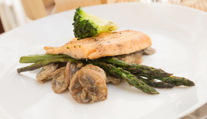 dish of fried river trout fillet with garnish of broccoli, asparagus sprouts and mushroom sauce on white background