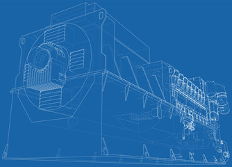 Generator. Diesel and gas industrial electric generator. The layers of visible and invisible lines are separated. Wire-frame outline.