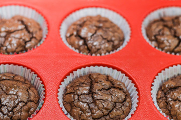 freshly baked chocolate muffins closeup