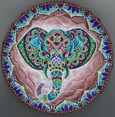 The Good Fortund Bringer, Elephant Mandala Painting in Dotpainting Design. High quality details. Colorful circular, isolated on grey background, ethnic meditative design for yoga studio