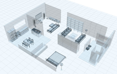 Abstract apartment, wireframe technique, original 3d rendering