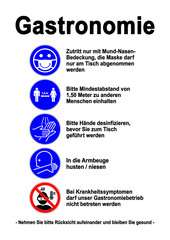 ds211 DiskretionSchild - Gastronomie Set Icons: Maske. - Mindestabstand 1,50 Meter. - Hände desinfizieren. - In die Armbeuge husten. - Krankheitssymptome. - Poster / Druckvorlage DIN A2 A3 A4 g9625