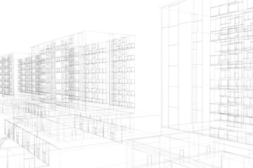 Mega city, wireframe technique, original 3d rendering