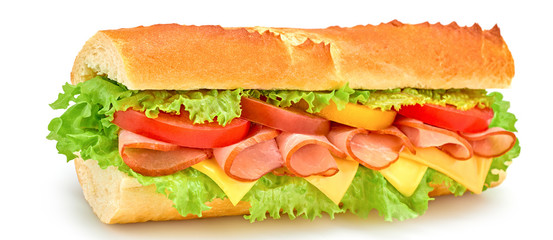 Submarine sandwich with ham, cheese, tomato, lettuce salad isolated on white. Homemade baguette ham sandwich with vegetables. Large sub tomato sandwich closeup, banner