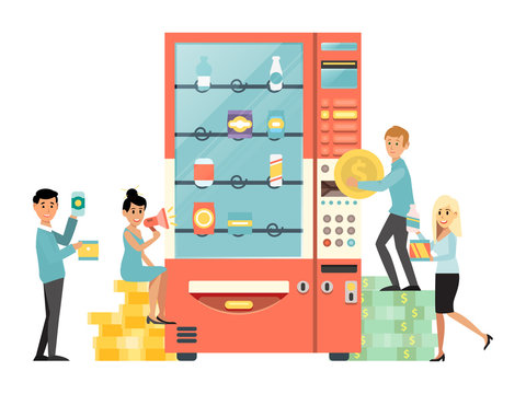 Tiny male female character person use vending machine, people hold stack money cash gold coin and dollar isolated on white, flat vector illustration. Concept fast food automatic machine.