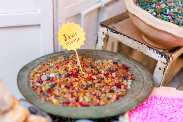 Spices, nuts and other food for sale at a market in the old city Jerusalem, Israel