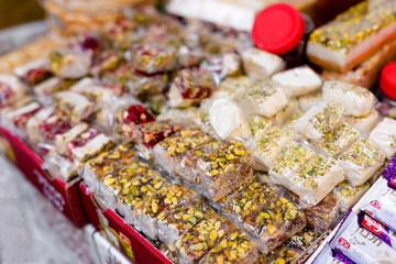 Spices, nuts and other food for sale at a market in the old city Jerusalem, Israel