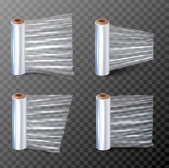 3d realistic vector illustration of a cling paper for packaging in four different view. Isolated on transparent background.