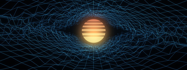 Retro music background. 3D Wireframe mountain terrain on black background. Low Poly Geometric Mountain Landscape. 3d Cyberspace Grid. 80-s style digital wireframe landscape.