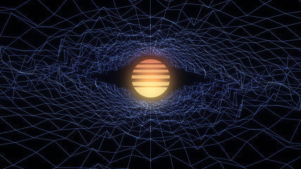 Retro music background. 3D Wireframe mountain terrain on black background. Low Poly Geometric Mountain Landscape. 3d Cyberspace Grid. 80-s style digital wireframe landscape.