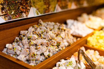 Spices, nuts and other food for sale at a market in the old city Jerusalem, Israel