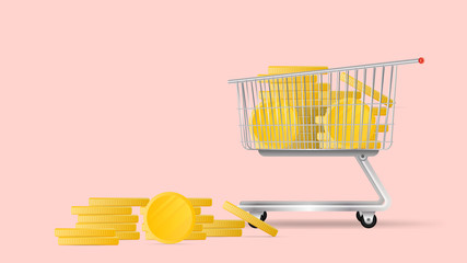 The cart from the supermarket is filled with gold coins. Shopping trolley, gold coins, money. The concept of cashback and savings on purchases. Isolated. Vector. © Javvani