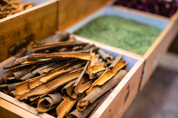 Spices, nuts and other food for sale at a market in the old city Jerusalem, Israel