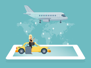 Airport taxi car, character female go international terminal, woman passenger order cab concept flat vector illustration. Aircraft travel world map, online aviation ticket, trip different country. © Vectorwonderland