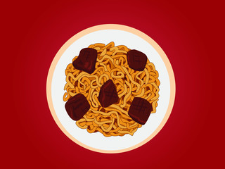 Korean instant food. Ram-Don or Chapaguri noodles with beef steak in a plate. Japaguri is a popular South Korean dish with ramen and udon noodles, as well as beef steak. Vector illustration.