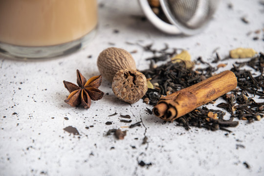Masala chai black spiced tea with spices, cinnamon, nutmeg, cardamom, star anise, clove