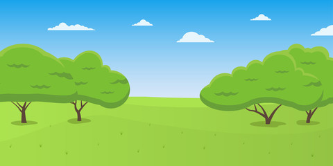 Nature landscape. Cartoon park background with green grass, trees and blue sky. Vector illustration.