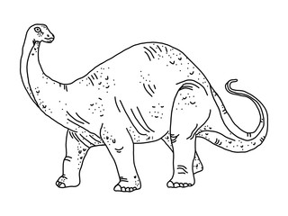 Stylized herbivore dinosaur coloring page diplodocus on an isolated white background. Anitstress and development for children and adults. Zentangle style. Print on fabric. Vector stock illustration.