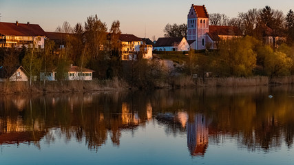 Beautiful sunset with reflections near Niederpöring, Isar, Bavaria, Germany