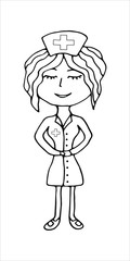A cute nurse in a cap on white background. Doodle vector illustration. Medical worker.