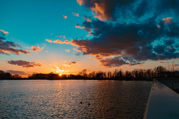 Beautiful sunset with reflections near Plattling, Isar, Bavaria, Germany