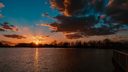 Beautiful sunset with reflections near Plattling, Isar, Bavaria, Germany